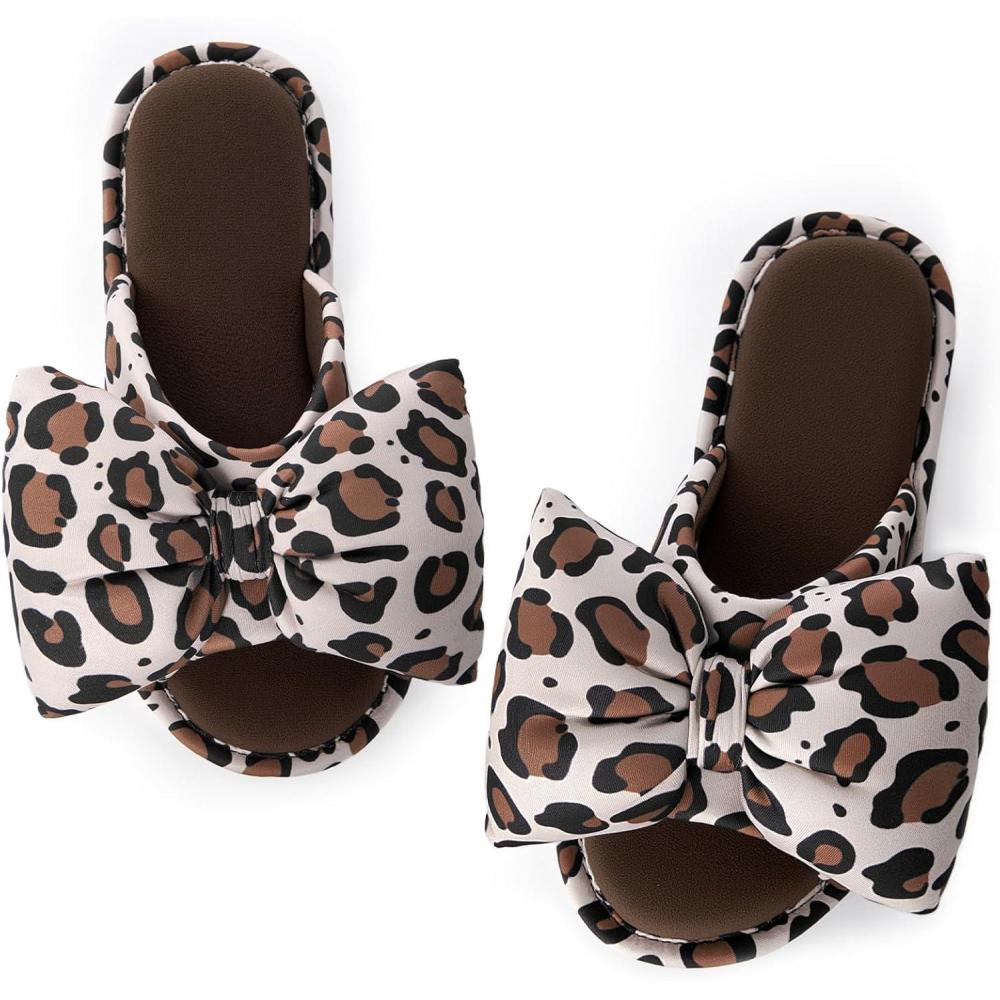 EverFoams Women’s Satin Open-Toe Bow Slippers Memory Foam Indoor Bedroom House Shoes(Wildcat Print)