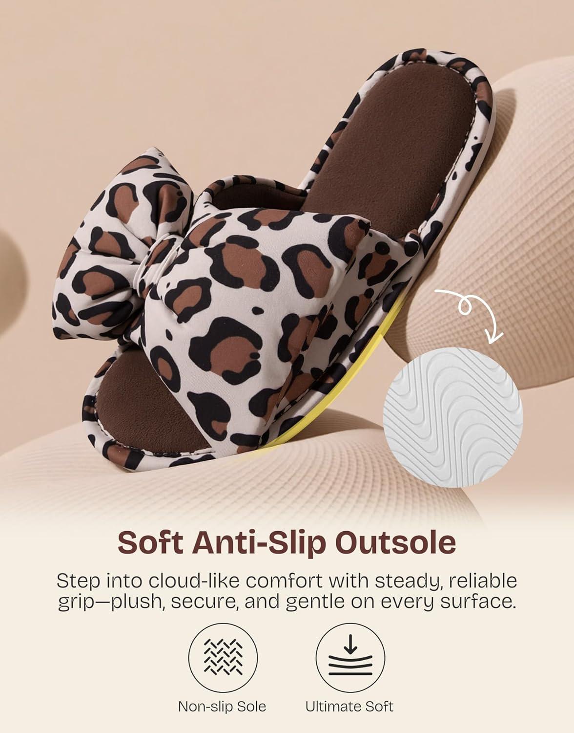 EverFoams Women’s Satin Open-Toe Bow Slippers Memory Foam Indoor Bedroom House Shoes(Wildcat Print)