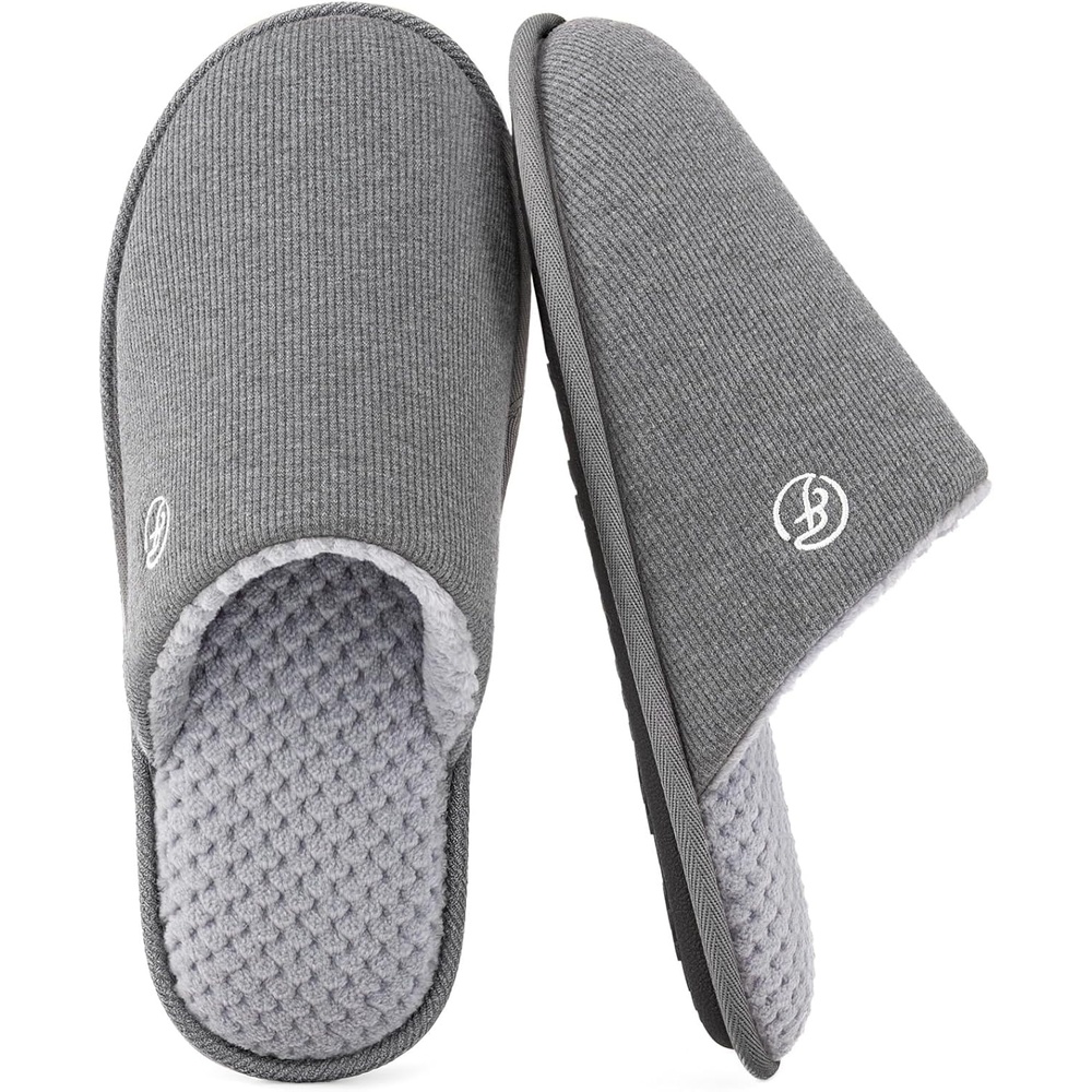 EverFoams Men’s Cotton Knit Slippers Lightweight Memory Foam Indoor Breathable House Shoes with Anti-Skid Sole(Grey)