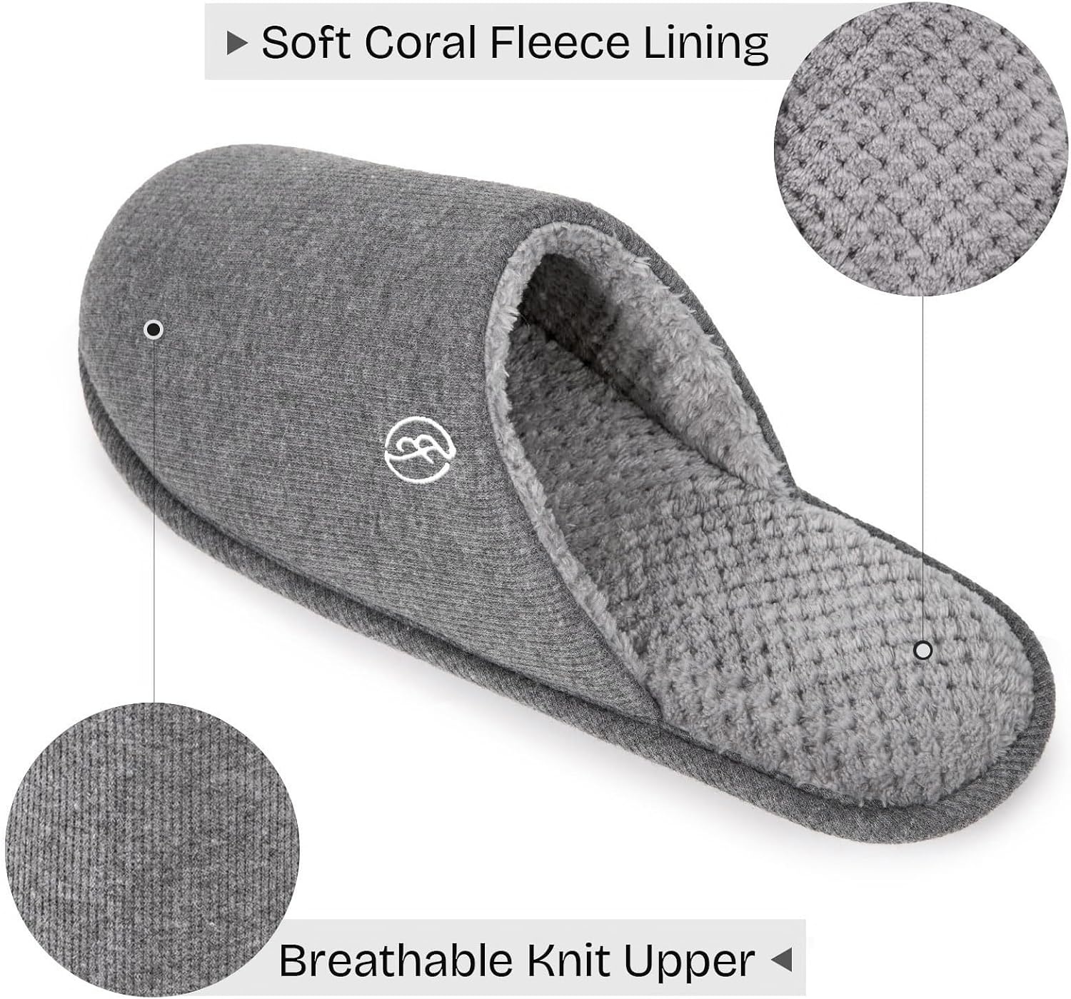 EverFoams Men’s Cotton Knit Slippers Lightweight Memory Foam Indoor Breathable House Shoes with Anti-Skid Sole(Grey)