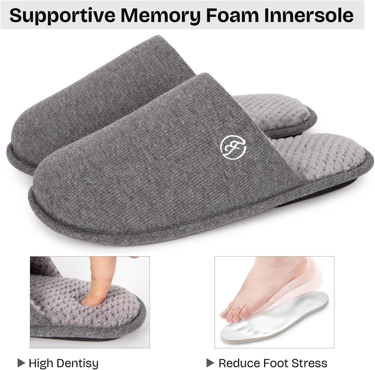 EverFoams Men’s Cotton Knit Slippers Lightweight Memory Foam Indoor Breathable House Shoes with Anti-Skid Sole(Grey)