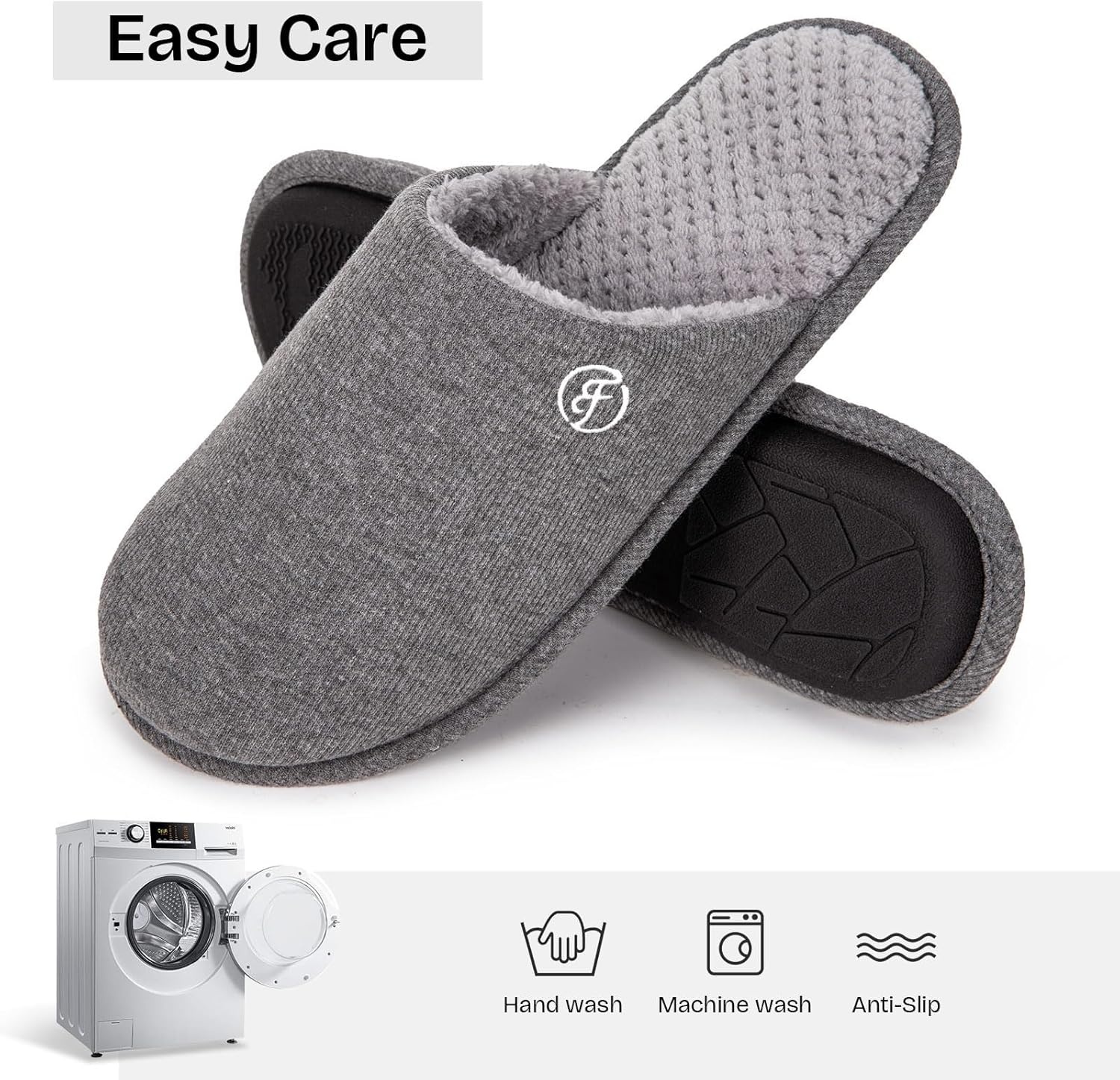 EverFoams Men’s Cotton Knit Slippers Lightweight Memory Foam Indoor Breathable House Shoes with Anti-Skid Sole(Grey)