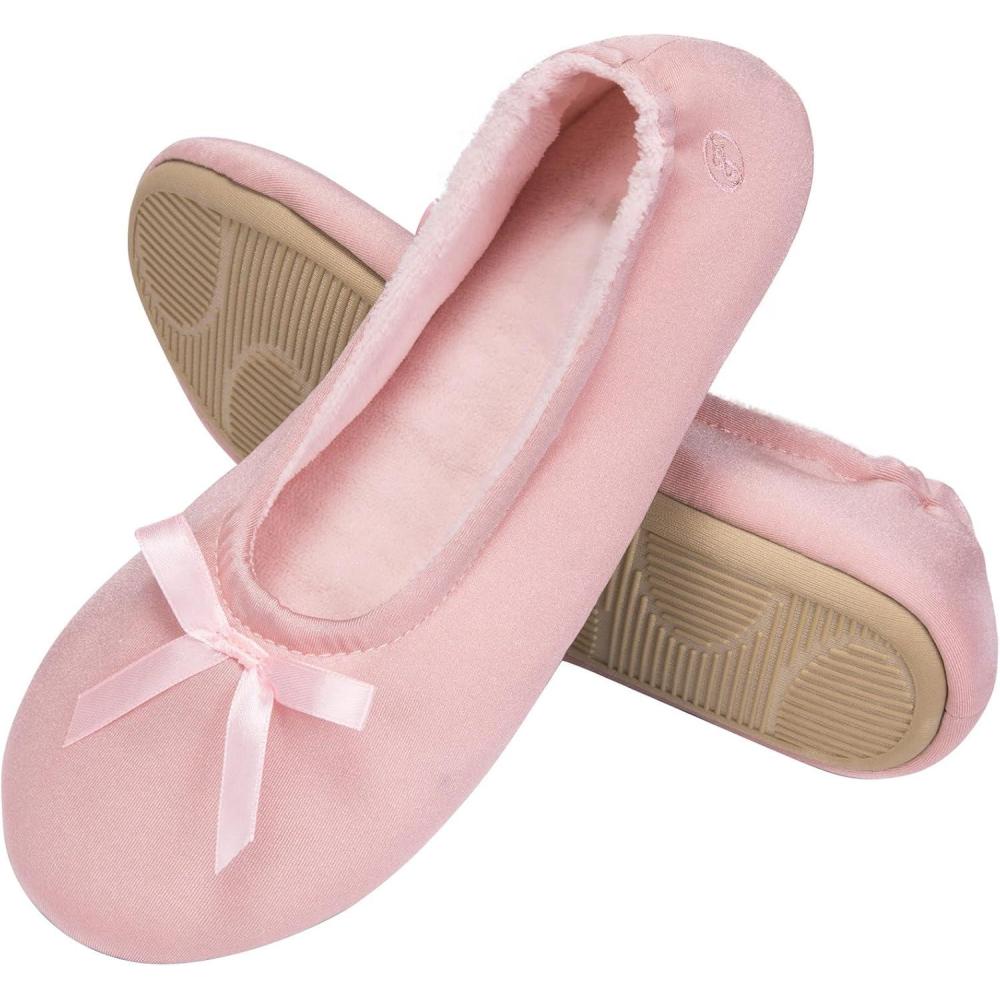EverFoams Women’s Satin Memory Foam Ballerina Slippers Cute House Shoes with Indoor Rubber Sole(Pink)