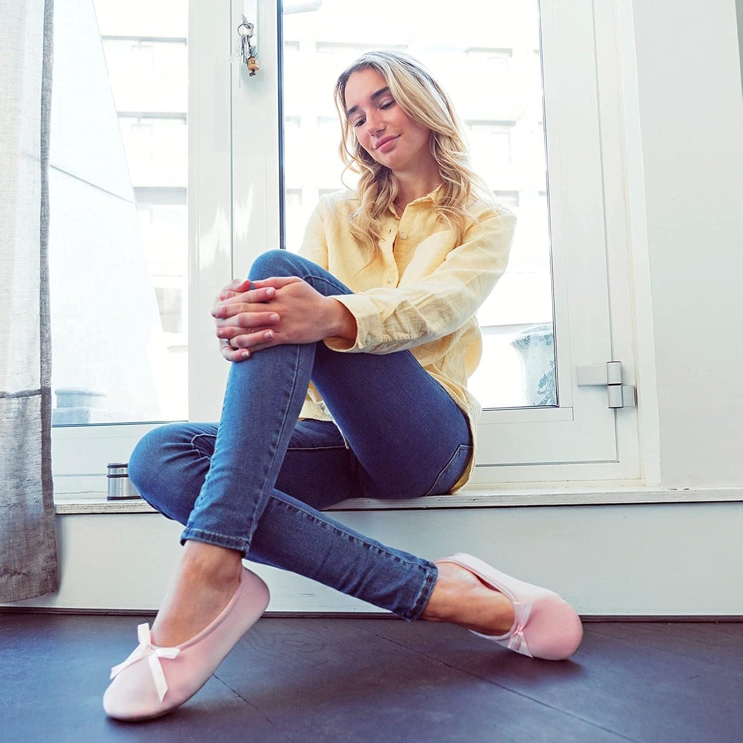 EverFoams Women’s Satin Memory Foam Ballerina Slippers Cute House Shoes with Indoor Rubber Sole(Pink)