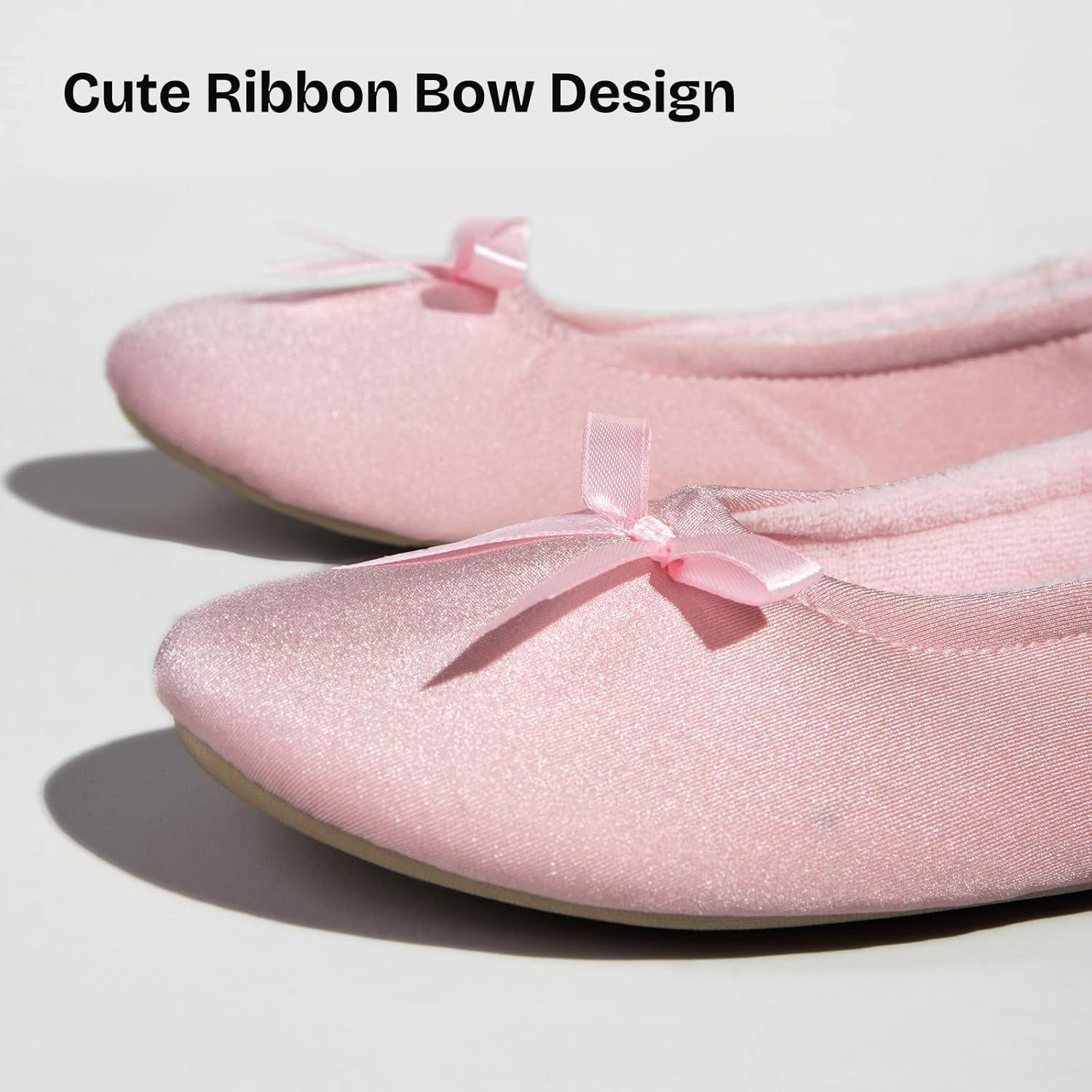 EverFoams Women’s Satin Memory Foam Ballerina Slippers Cute House Shoes with Indoor Rubber Sole(Pink)