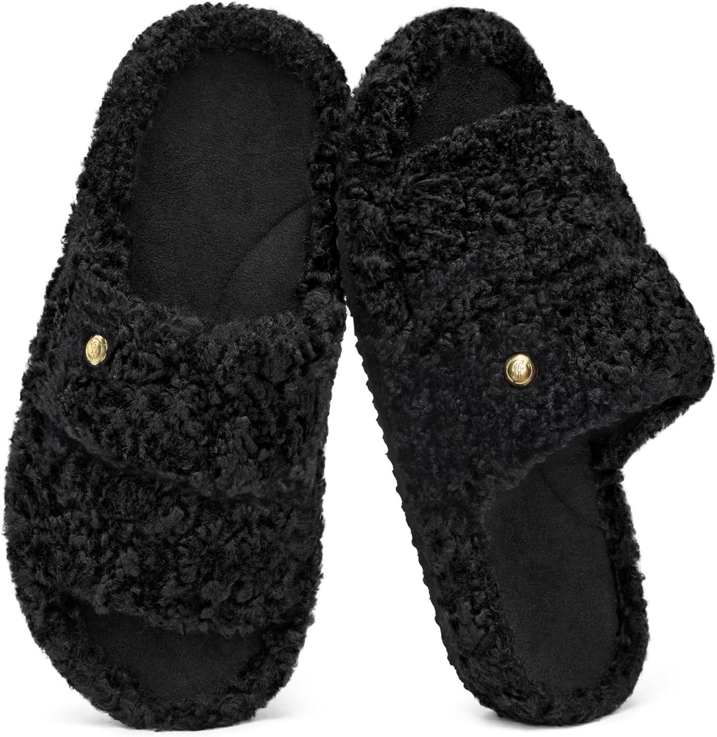 EverFoams Women’s Set of 2 Pairs – Women’s Soft Full Slippers (Size 7-8, Grey) – Women’s Open-toe Slippers (Size 7-8, Dark Black)