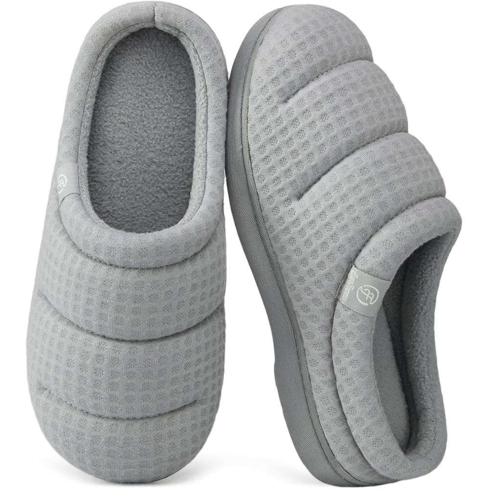 EverFoams Women’s Cozy Waffle Slippers Soft Quilted Memory Foam Indoor House Shoes(Bright Gray)