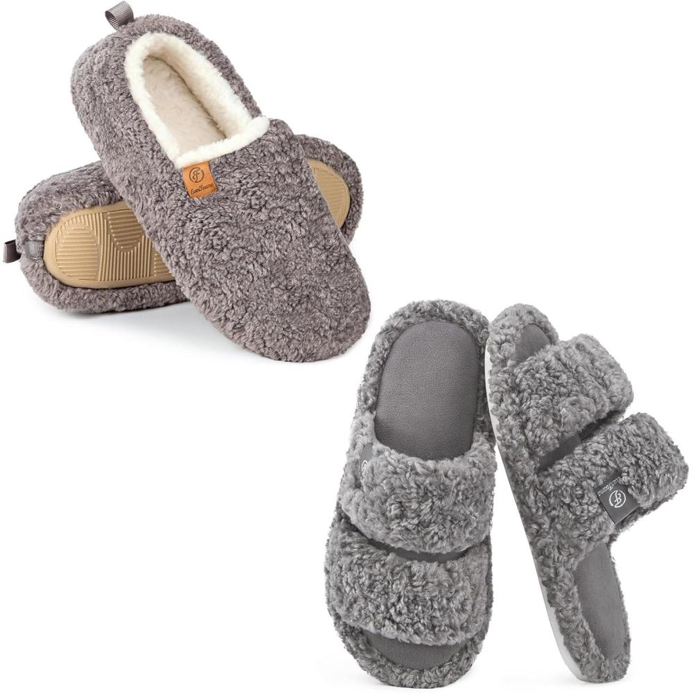EverFoams Women’s Set of 2 Pairs – Women’s Soft Curly Full Slippers (Size 9-10, Grey) – Women’s Fuzzy Open Toe Slippers (Size 9-10, Cool Gray)