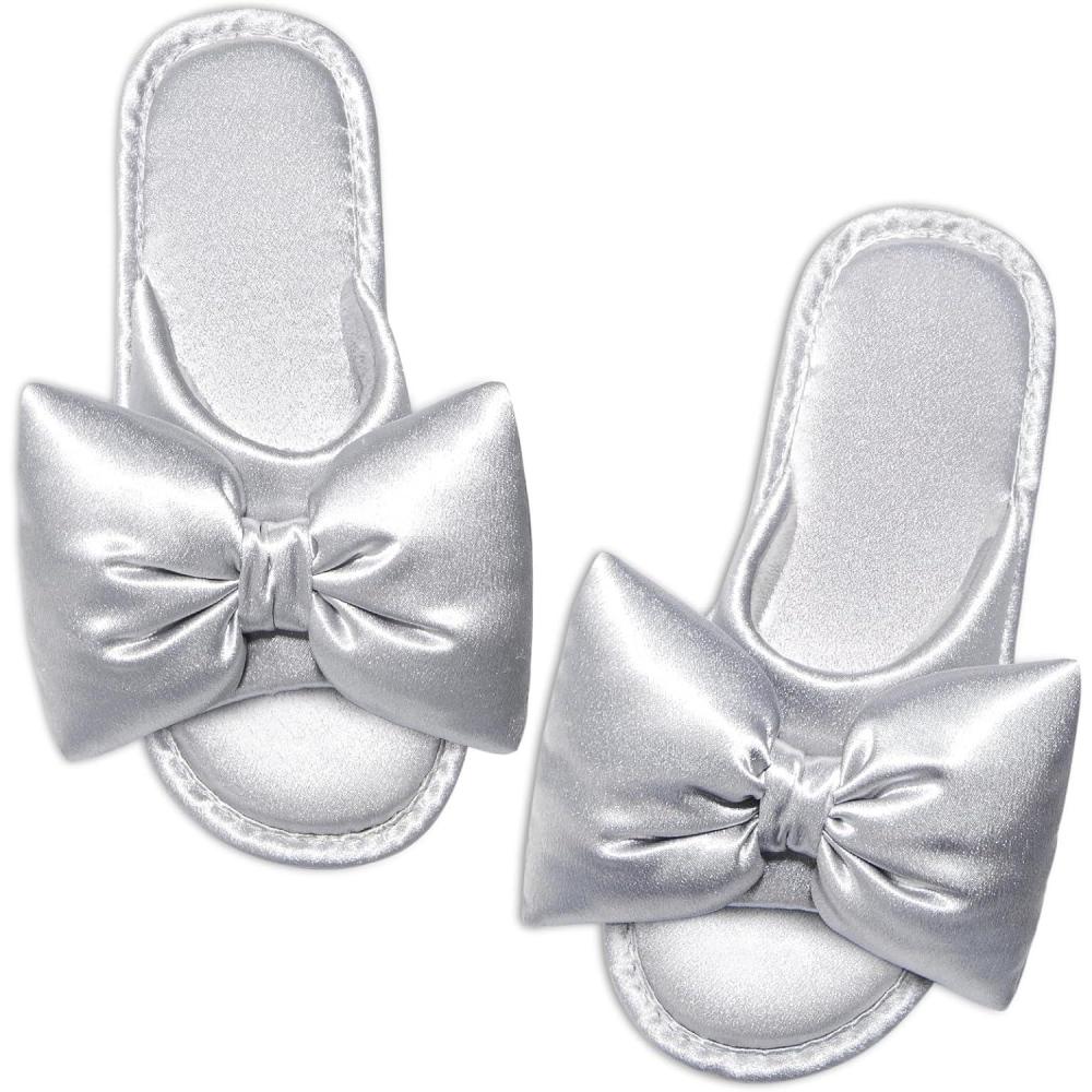 EverFoams Women’s Satin Open-Toe Bow Slippers Memory Foam Indoor Bedroom House Shoes(Glossy Silver)
