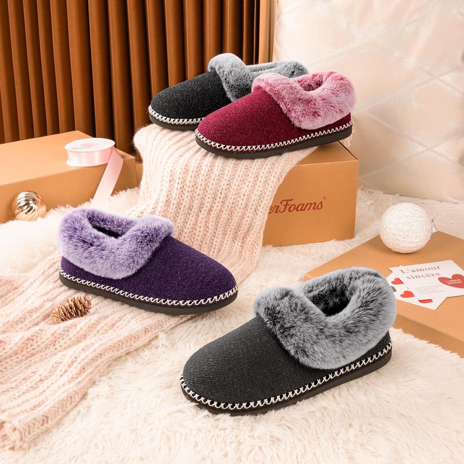 EverFoams Women’s Bootie Slippers Warm Soft Comfy Memory Foam Non-slip Indoor House Shoes with Fluffy Collar(Burgundy)