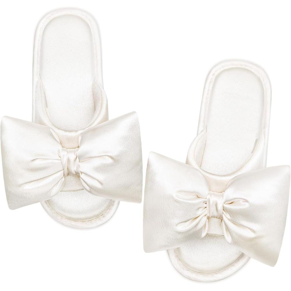 EverFoams Women’s Satin Open-Toe Bow Slippers Memory Foam Indoor Bedroom House Shoes(Crystal Pearl White)