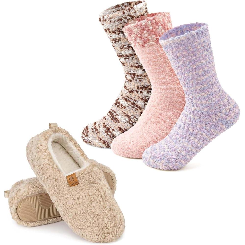 EverFoams Warm Women’s Slippers Socks Set – Soft Full Cozy Loafer Slippers (Size 7-8, Khaki) – Cozy Chenille Socks 3-Pair Set (Free Size, Fairy Fluff)