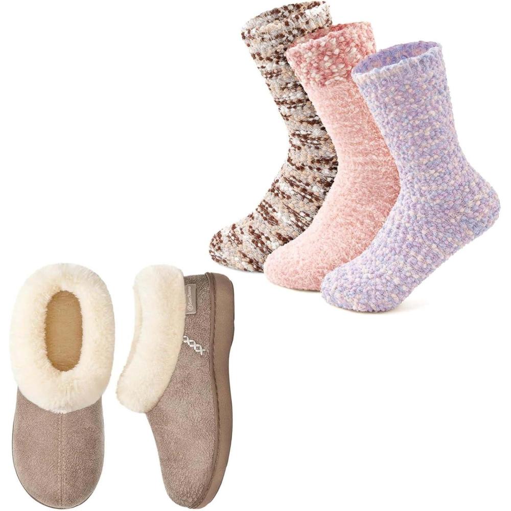 EverFoams Women’s Winer Slipper Socks Set – Women’s Microsuede Slippers (Size 7-8, Taupe) – Cozy Chenille Socks 3-Pair Set (Free Size, Fairy Fluff)