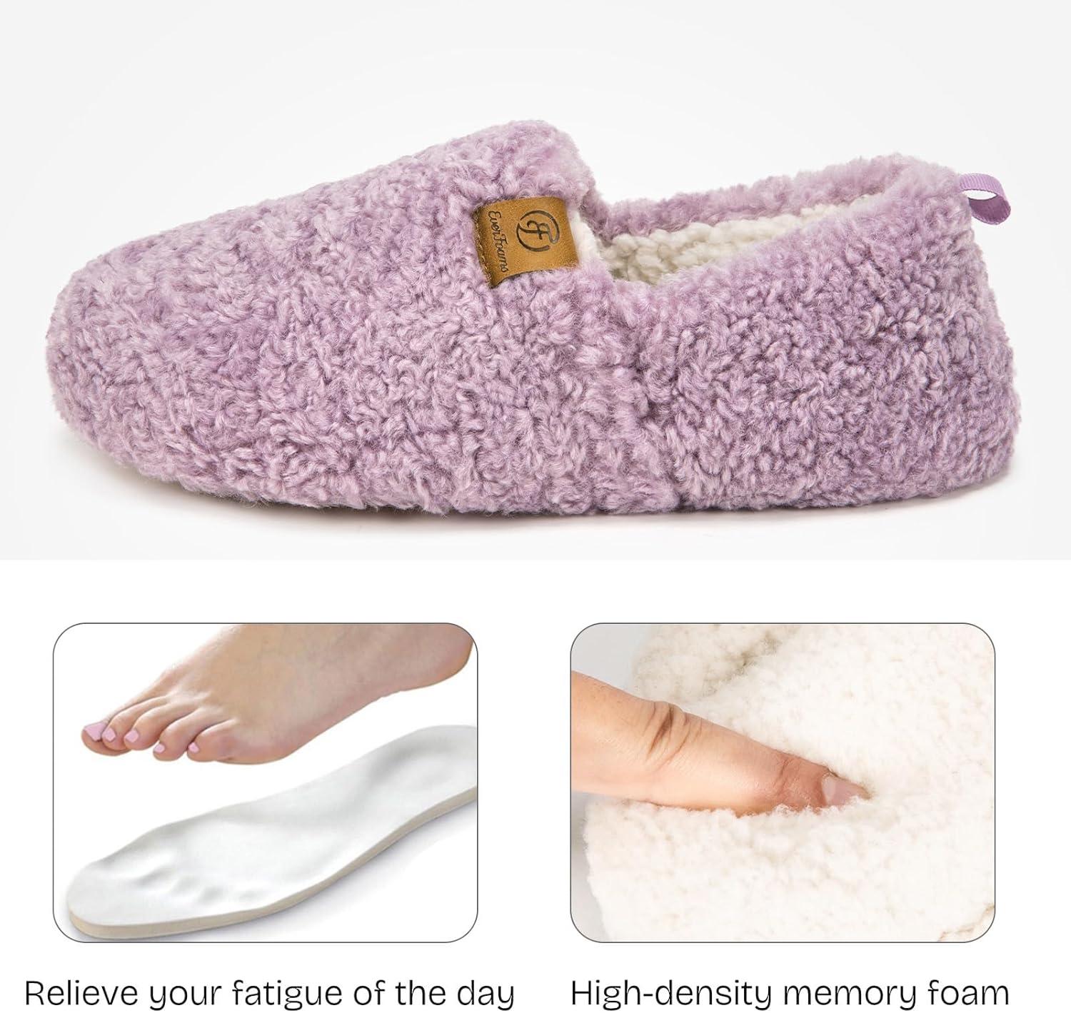 EverFoams Women’s Soft Curly Full Slippers Memory Foam Lightweight House Shoes Cozy Loafer with Polar Fleece Lining(Purple)