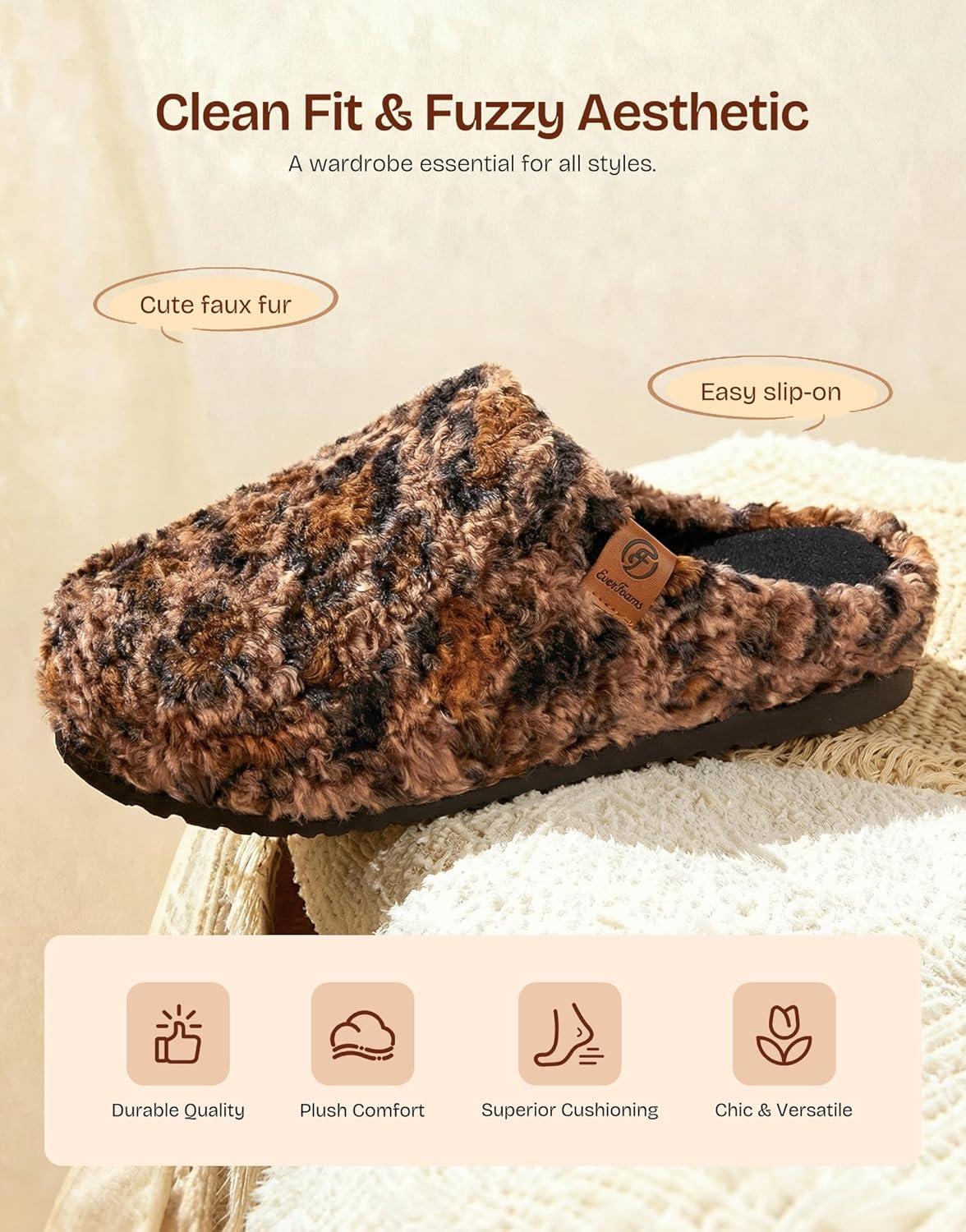 EverFoams Women‘s Fuzzy Clog Slippers with Slip on Footbed for Indoor Outdoor(Diva Spots)