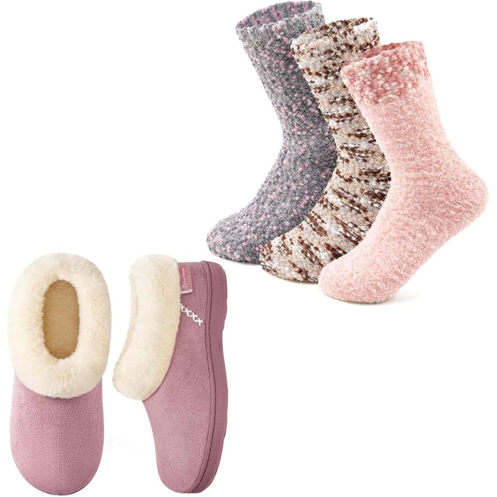 EverFoams Women’s Winer Slipper Socks Set – Women’s Microsuede Slippers (Size 8.5, Pink) – Cozy Chenille Socks 3-Pair Set (Free Size, Misty Pastels)