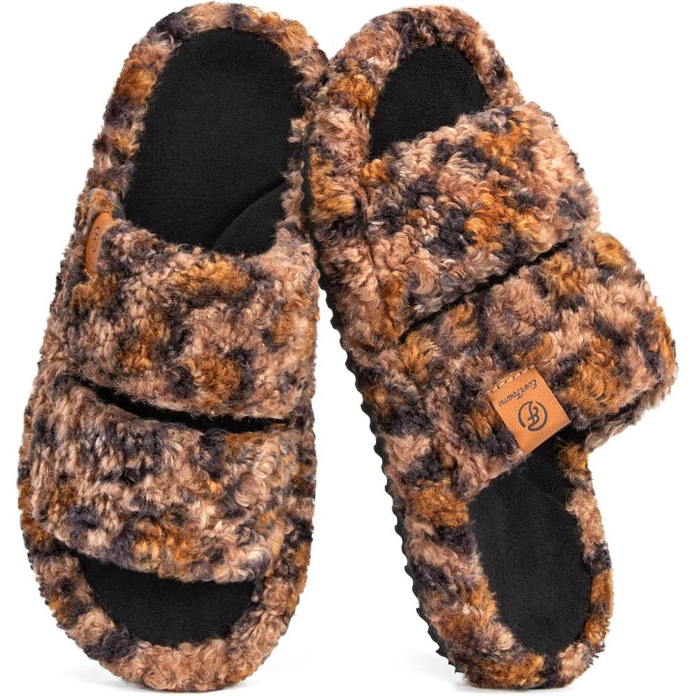 EverFoams Womens Fuzzy Open-toe Slippers Soft Comfy Memory Foam Indoor House Shoes(Diva Spots)