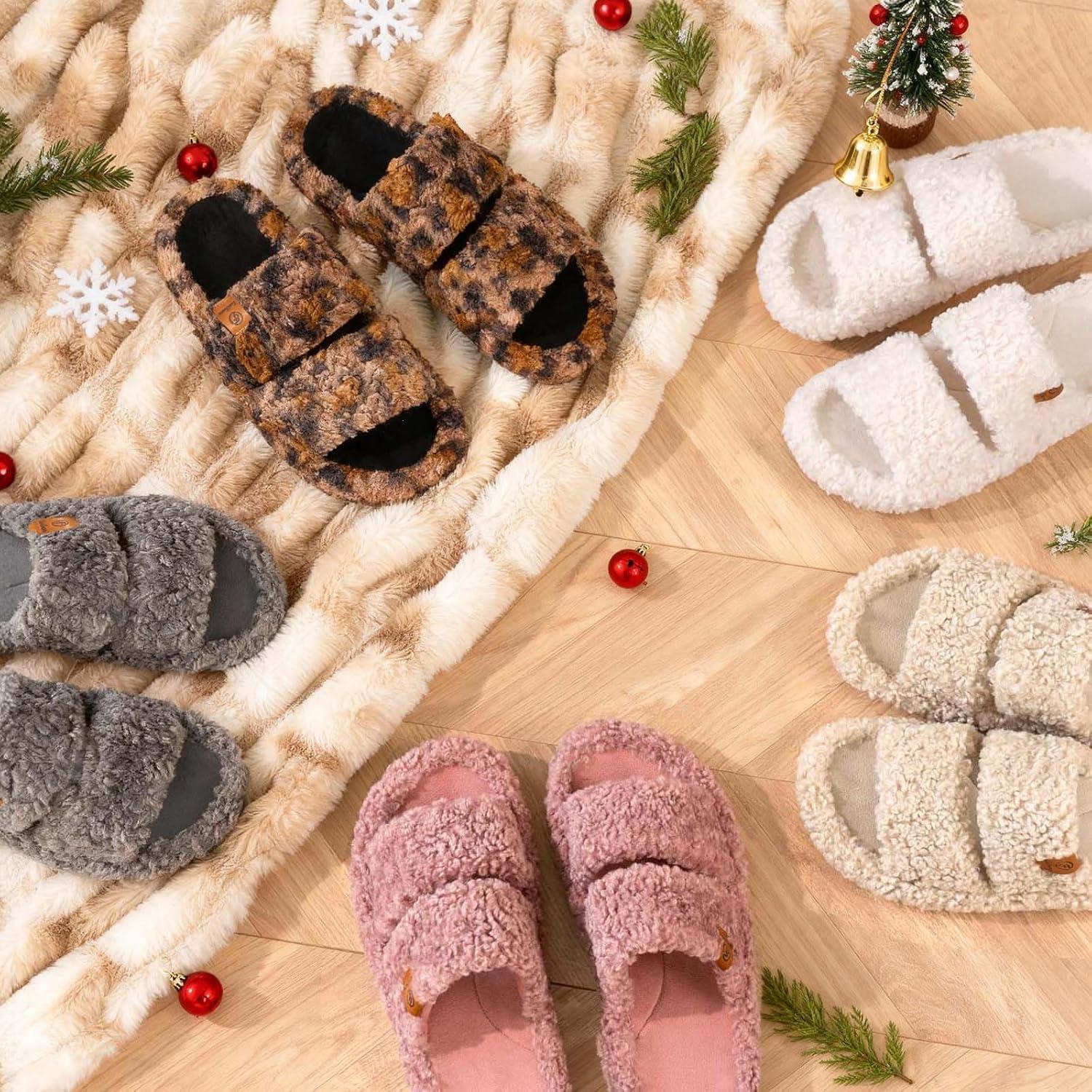 EverFoams Womens Fuzzy Open-toe Slippers Soft Comfy Memory Foam Indoor House Shoes(Diva Spots)