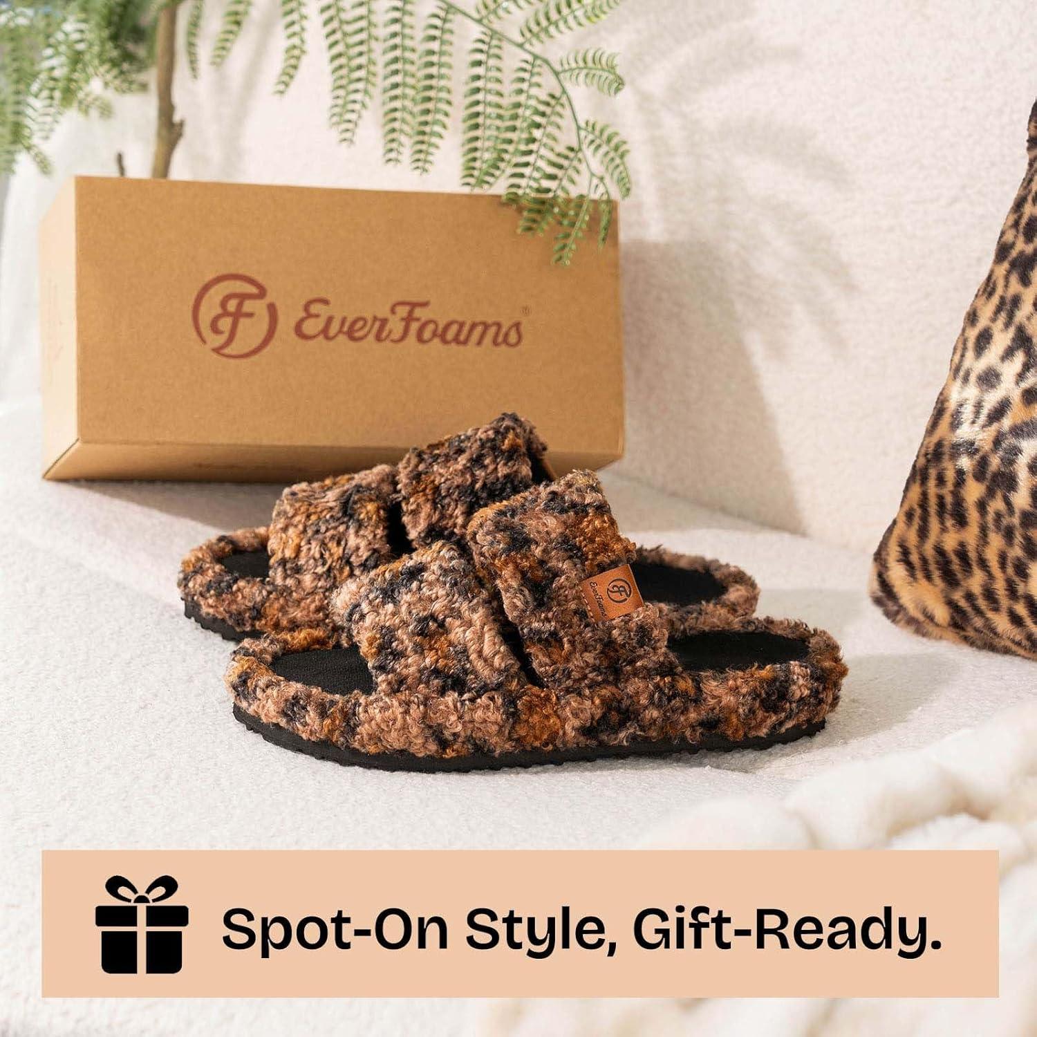 EverFoams Womens Fuzzy Open-toe Slippers Soft Comfy Memory Foam Indoor House Shoes(Diva Spots)