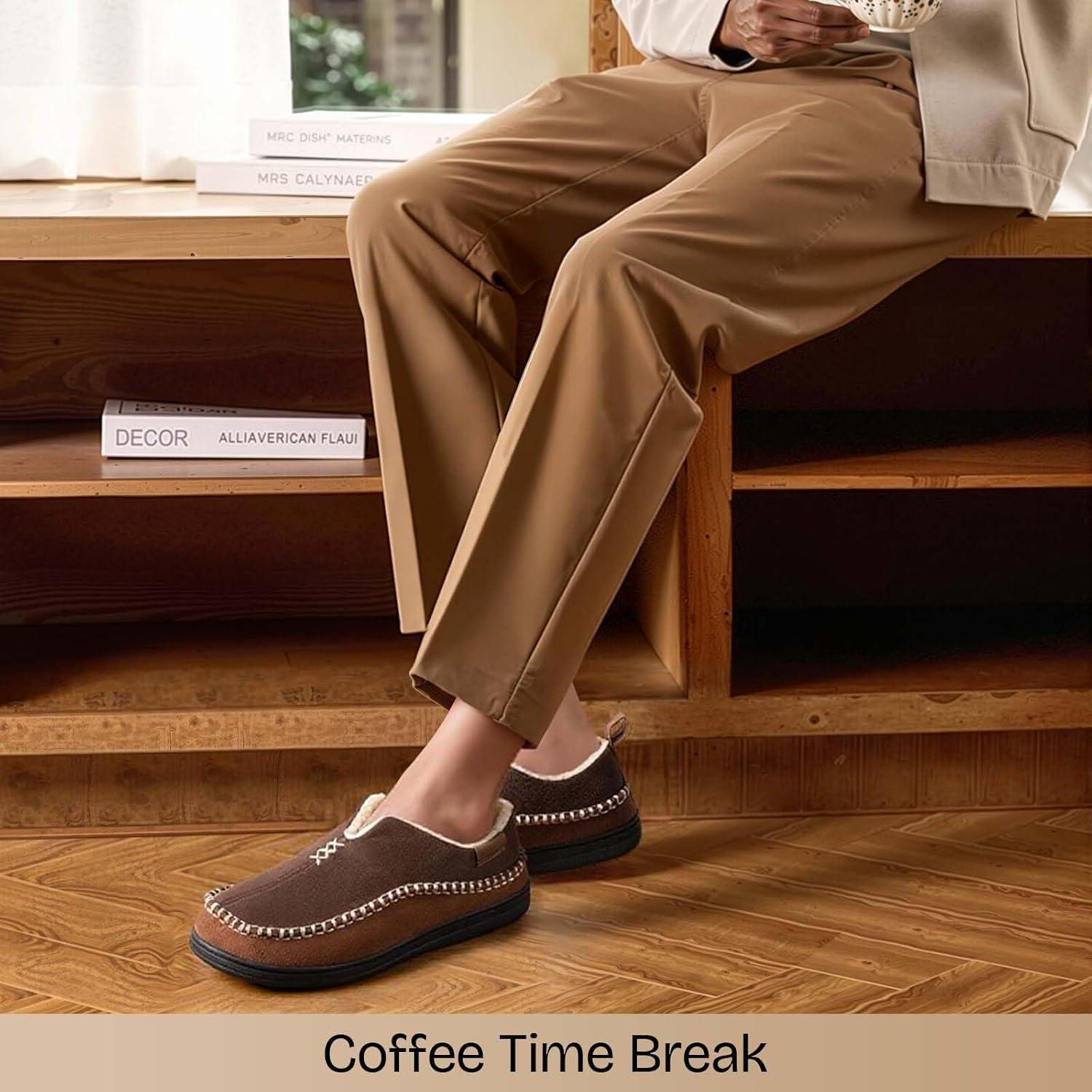 EverFoams Men’s Moccasin Slippers Memory Foam Indoor/Outdoor Warm Suede House Shoes with Fuzzy Sherpa Lining(Coffee)