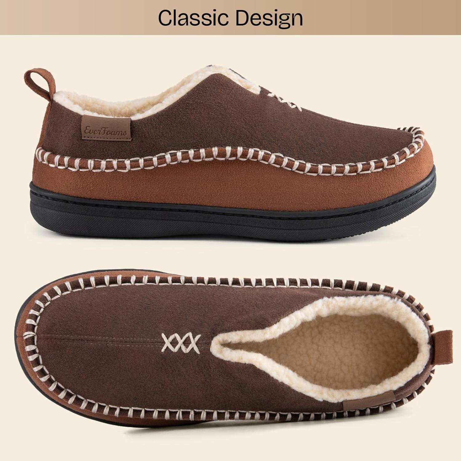 EverFoams Men’s Moccasin Slippers Memory Foam Indoor/Outdoor Warm Suede House Shoes with Fuzzy Sherpa Lining(Coffee)