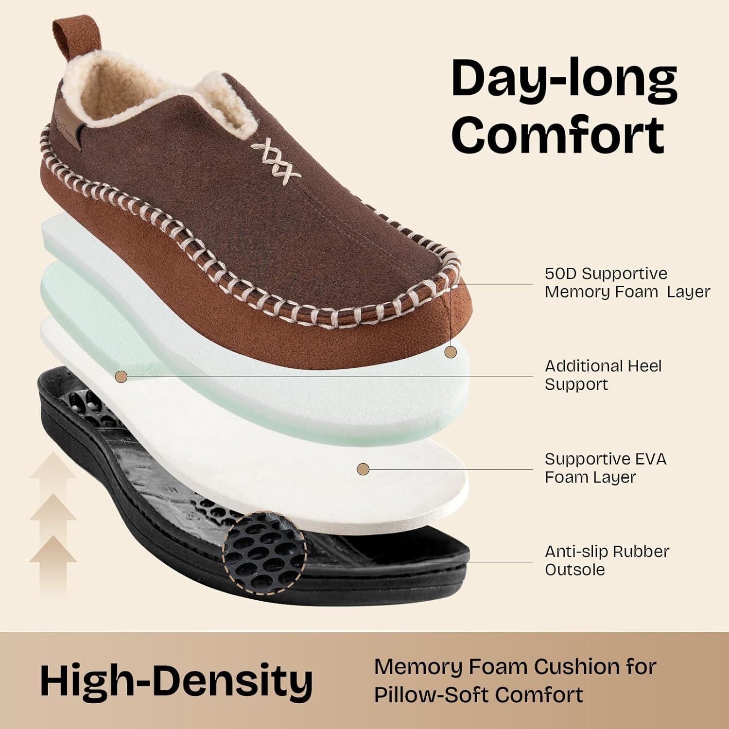 EverFoams Men’s Moccasin Slippers Memory Foam Indoor/Outdoor Warm Suede House Shoes with Fuzzy Sherpa Lining(Coffee)