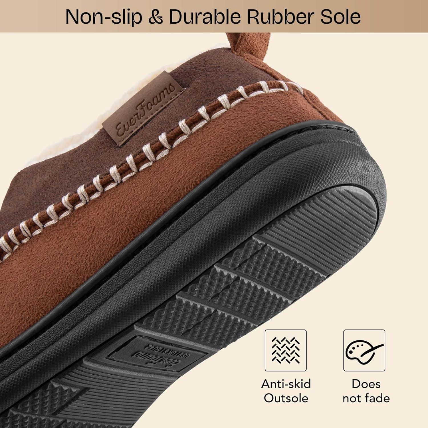 EverFoams Men’s Moccasin Slippers Memory Foam Indoor/Outdoor Warm Suede House Shoes with Fuzzy Sherpa Lining(Coffee)