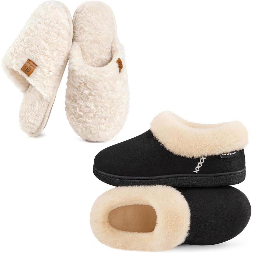 EverFoams Women’s Slippers Set- Microsuede Slippers(Black, Size 9-10) – Fuzzy Slip-on Slippers(Cream White, Size 9-10)