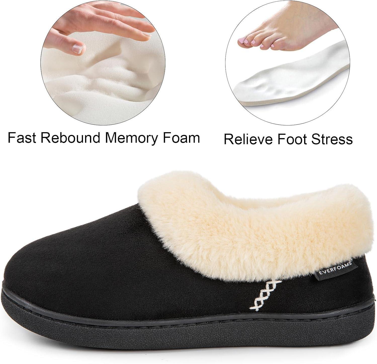 EverFoams Women’s Slippers Set- Microsuede Slippers(Black, Size 9-10) – Fuzzy Slip-on Slippers(Cream White, Size 9-10)