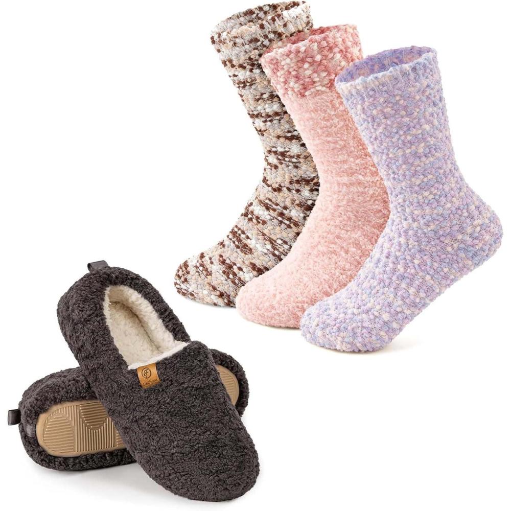 EverFoams Warm Women’s Slippers Socks Set – Soft Full Cozy Loafer Slippers (Size 9-10, Dark Grey) – Cozy Chenille Socks 3-Pair Set (Free Size, Fairy Fluff)