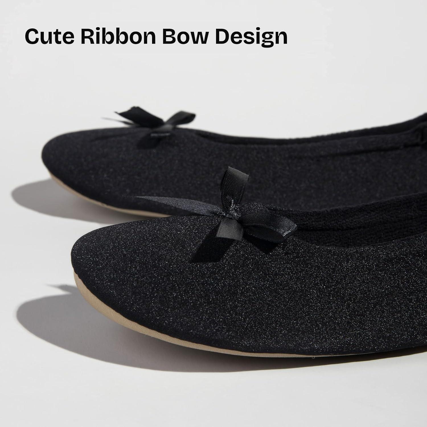 EverFoams Women’s Satin Memory Foam Ballerina Slippers Cute House Shoes with Indoor Rubber Sole(Black)