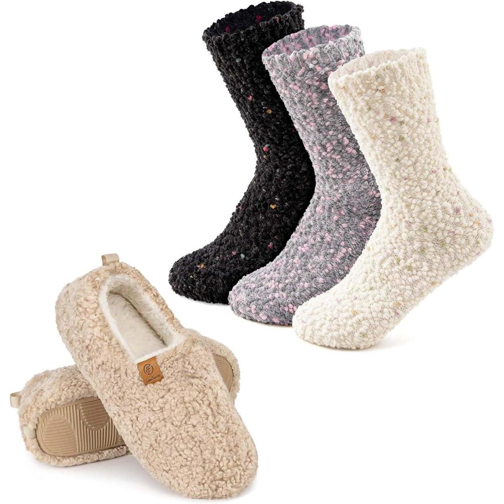 EverFoams Warm Women’s Slippers Socks Set – Soft Full Cozy Loafer Slippers (Size 8.5, Khaki) – Cozy Chenille Socks 3-Pair Set (Free Size, Timeless Mix)