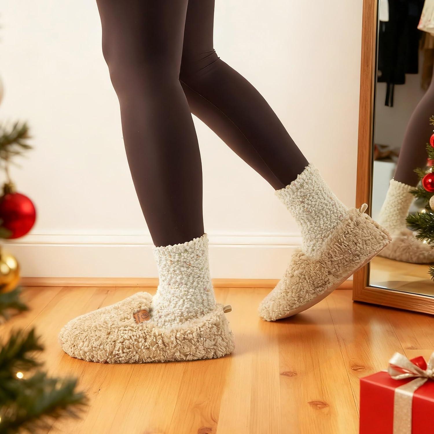 EverFoams Warm Women’s Slippers Socks Set – Soft Full Cozy Loafer Slippers (Size 8.5, Khaki) – Cozy Chenille Socks 3-Pair Set (Free Size, Timeless Mix)