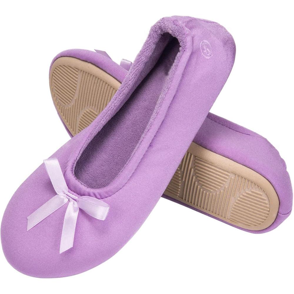 EverFoams Women’s Satin Memory Foam Ballerina Slippers Cute House Shoes with Indoor Rubber Sole(Purple)