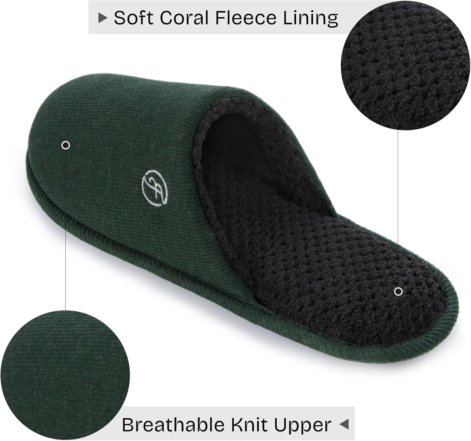 EverFoams Men’s Cotton Knit Slippers Lightweight Memory Foam Indoor House Shoes with Anti-Skid Sole(Viridian Green)