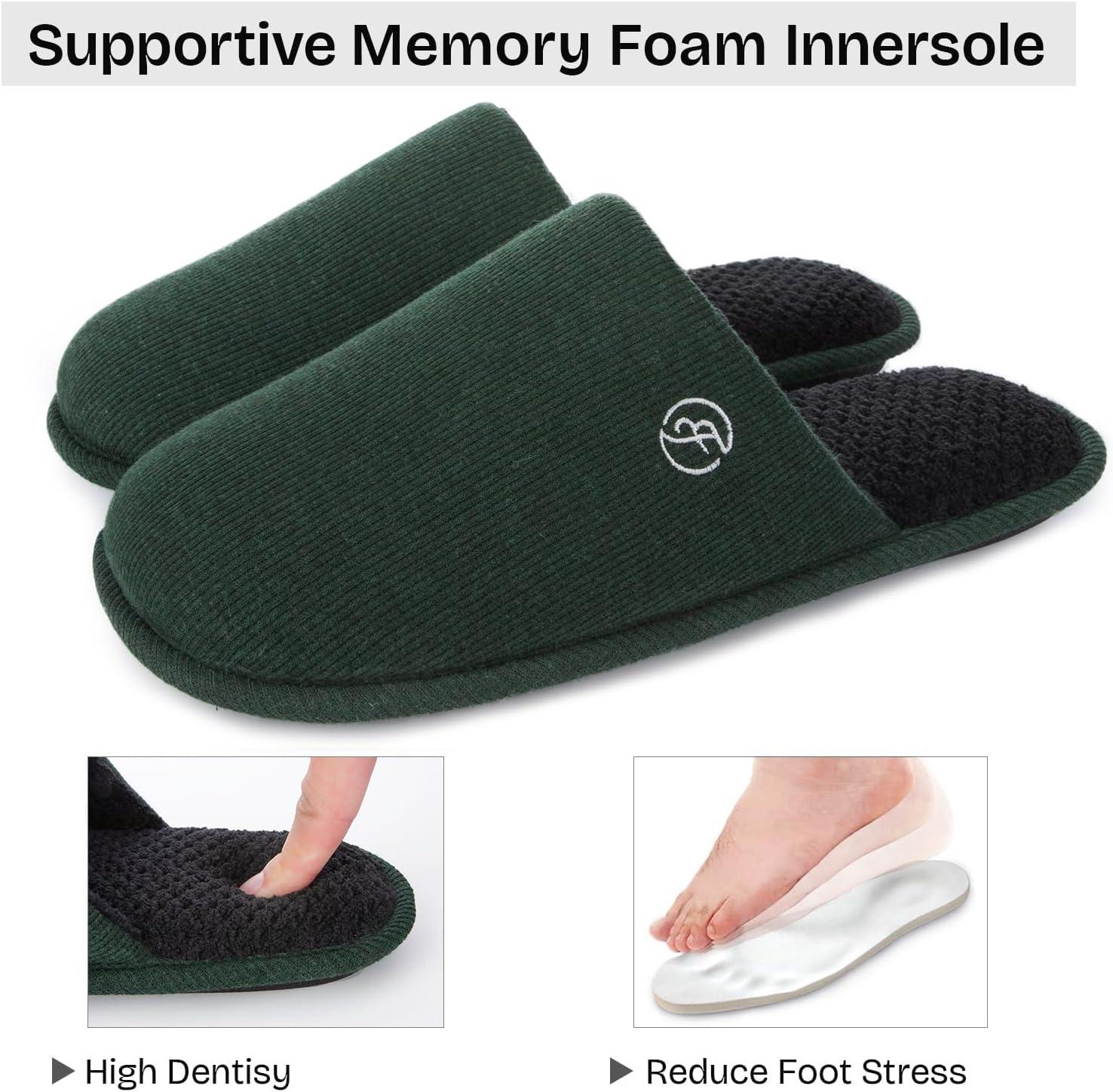 EverFoams Men’s Cotton Knit Slippers Lightweight Memory Foam Indoor House Shoes with Anti-Skid Sole(Viridian Green)