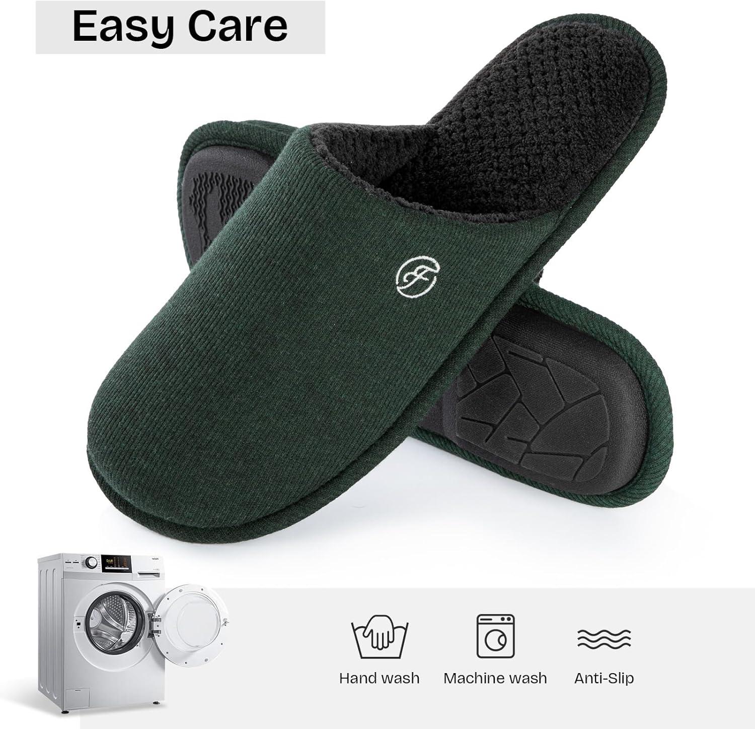 EverFoams Men’s Cotton Knit Slippers Lightweight Memory Foam Indoor House Shoes with Anti-Skid Sole(Viridian Green)