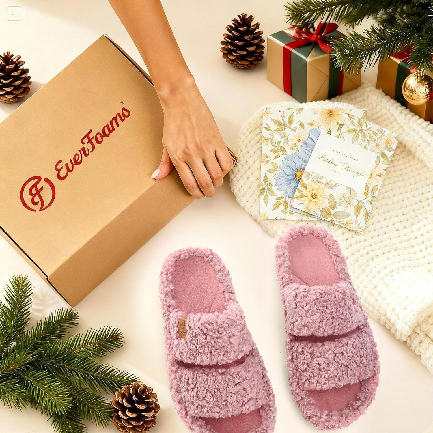 EverFoams Womens Fuzzy Open-toe Slippers Soft Comfy Memory Foam Indoor House Shoes(Dusty Rose)