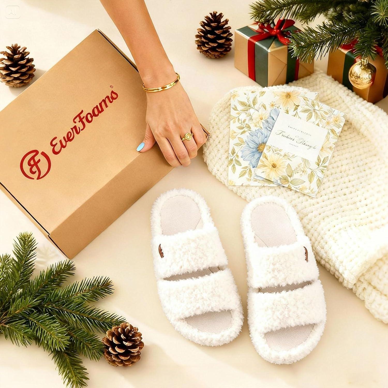 EverFoams Womens Fuzzy Open-toe Slippers Soft Comfy Memory Foam Indoor House Shoes(Vanilla Ice)