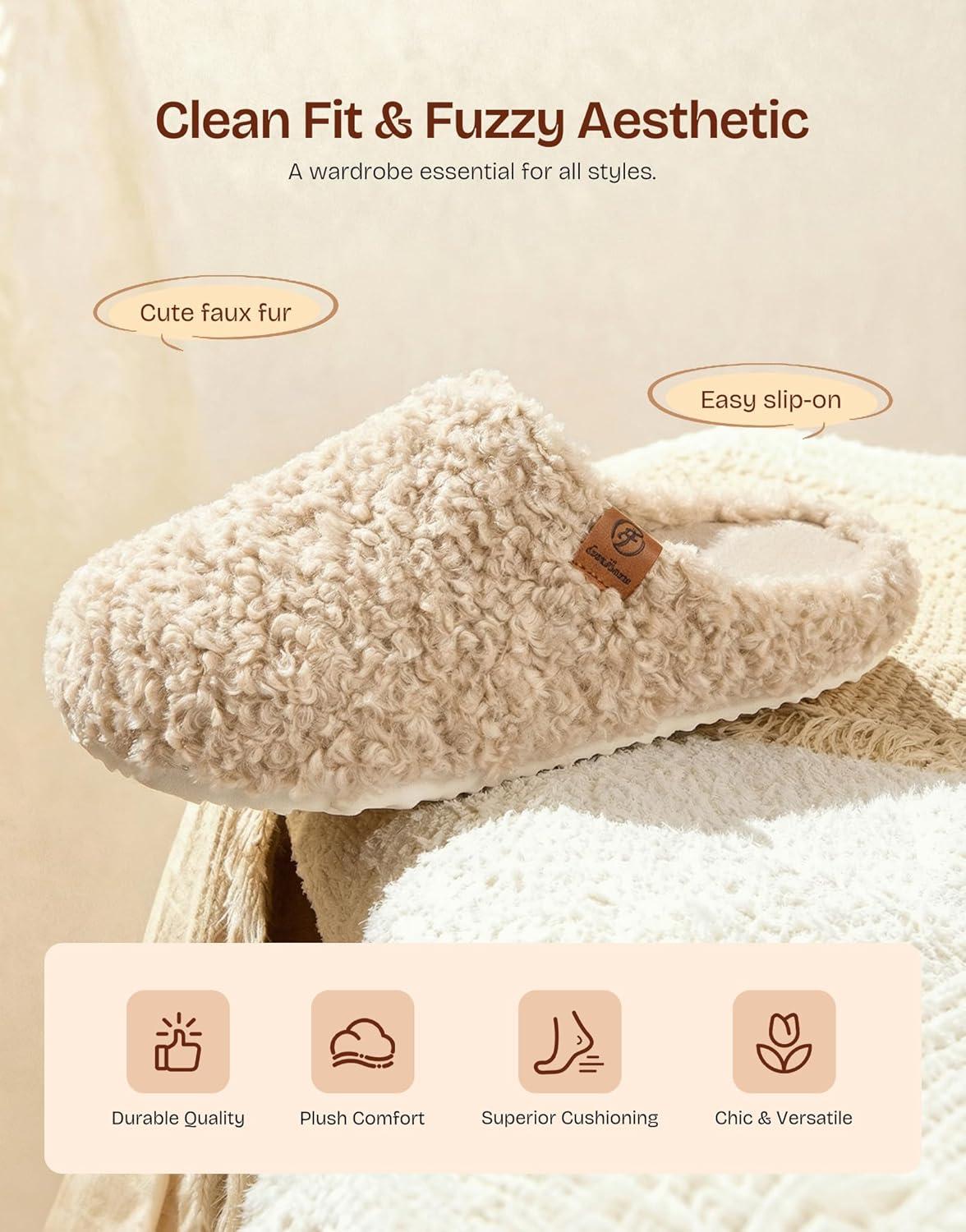 EverFoams Women‘s Fuzzy Clog Slippers with Slip on Footbed for Indoor Outdoor(Butter Beige)