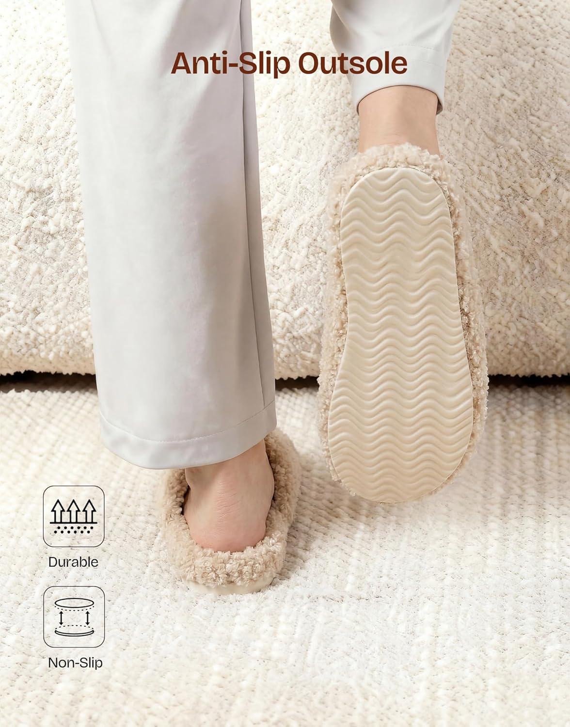 EverFoams Women‘s Fuzzy Clog Slippers with Slip on Footbed for Indoor Outdoor(Butter Beige)