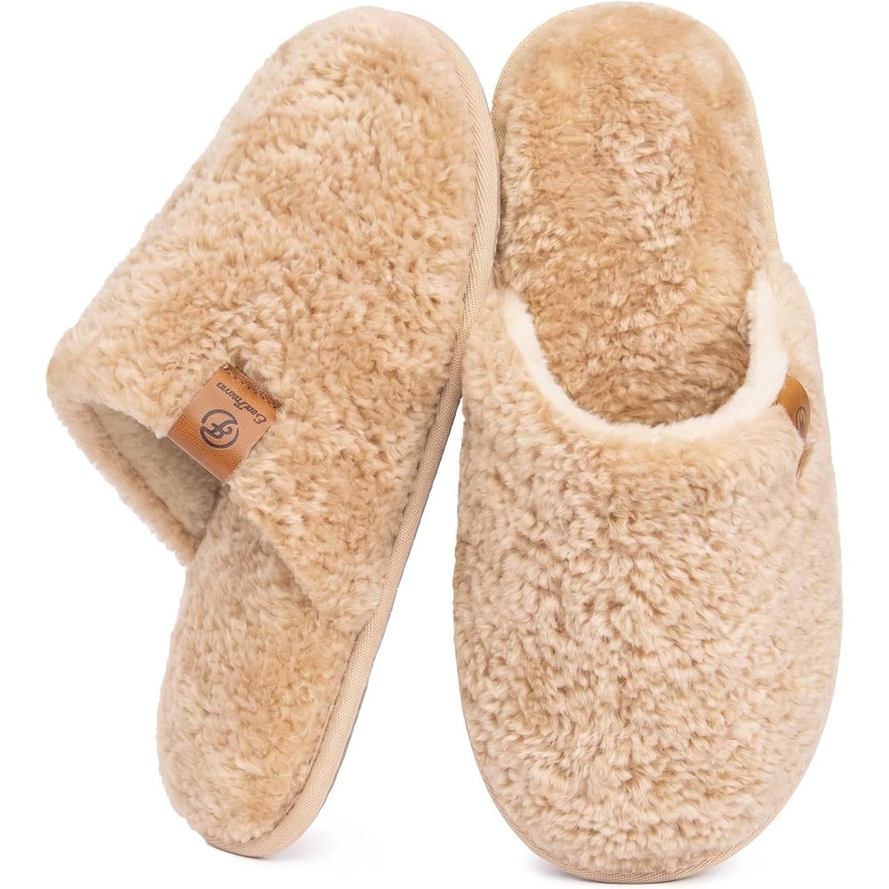 EverFoams Women’s Fuzzy Slippers Warm Cozy Memory Foam Indoor House Shoes(Sand)