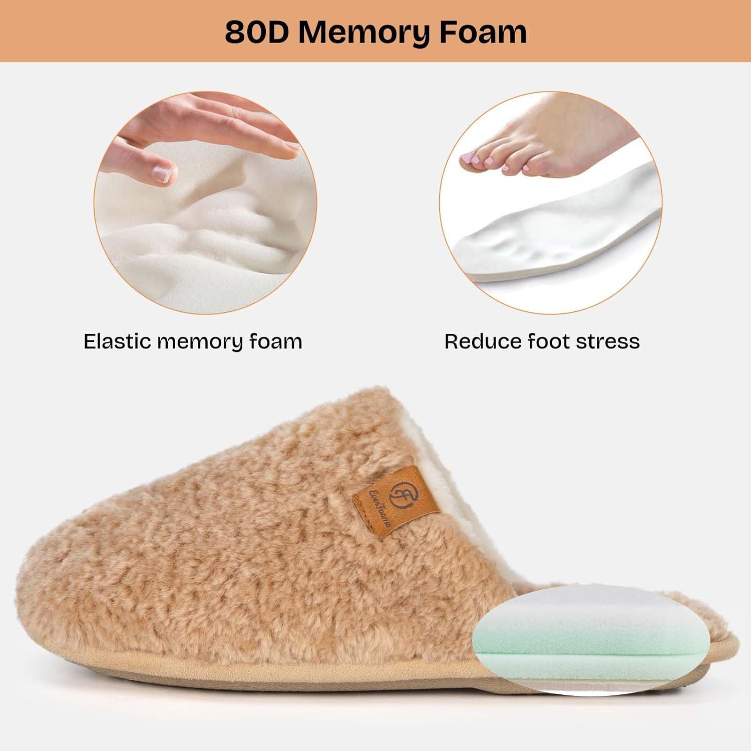 EverFoams Women’s Fuzzy Slippers Warm Cozy Memory Foam Indoor House Shoes(Sand)
