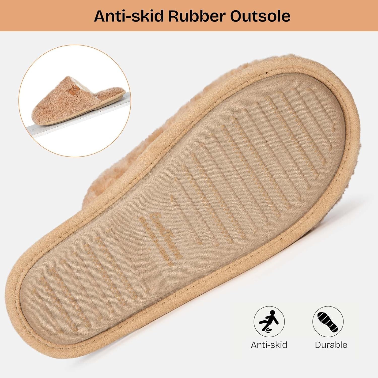 EverFoams Women’s Fuzzy Slippers Warm Cozy Memory Foam Indoor House Shoes(Sand)