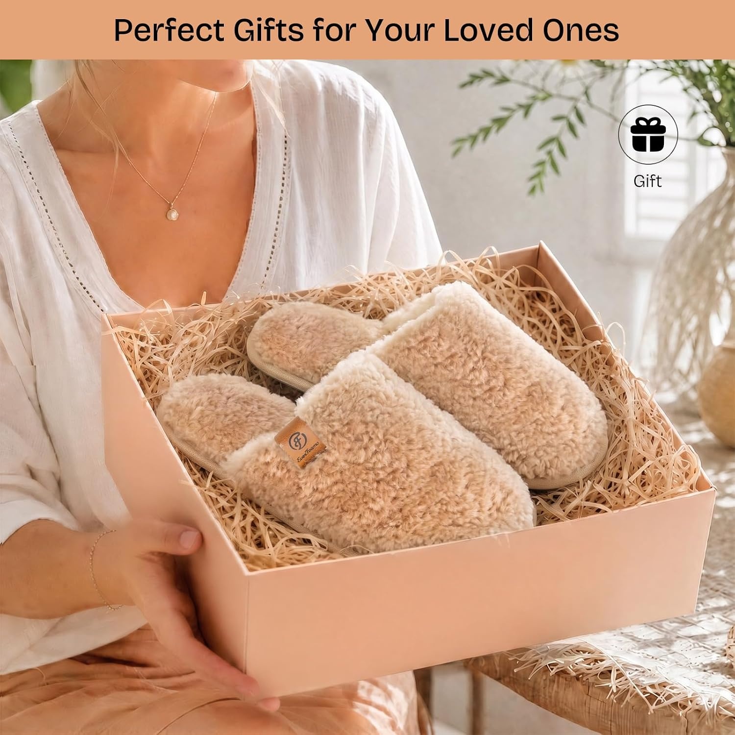 EverFoams Women’s Fuzzy Slippers Warm Cozy Memory Foam Indoor House Shoes(Sand)