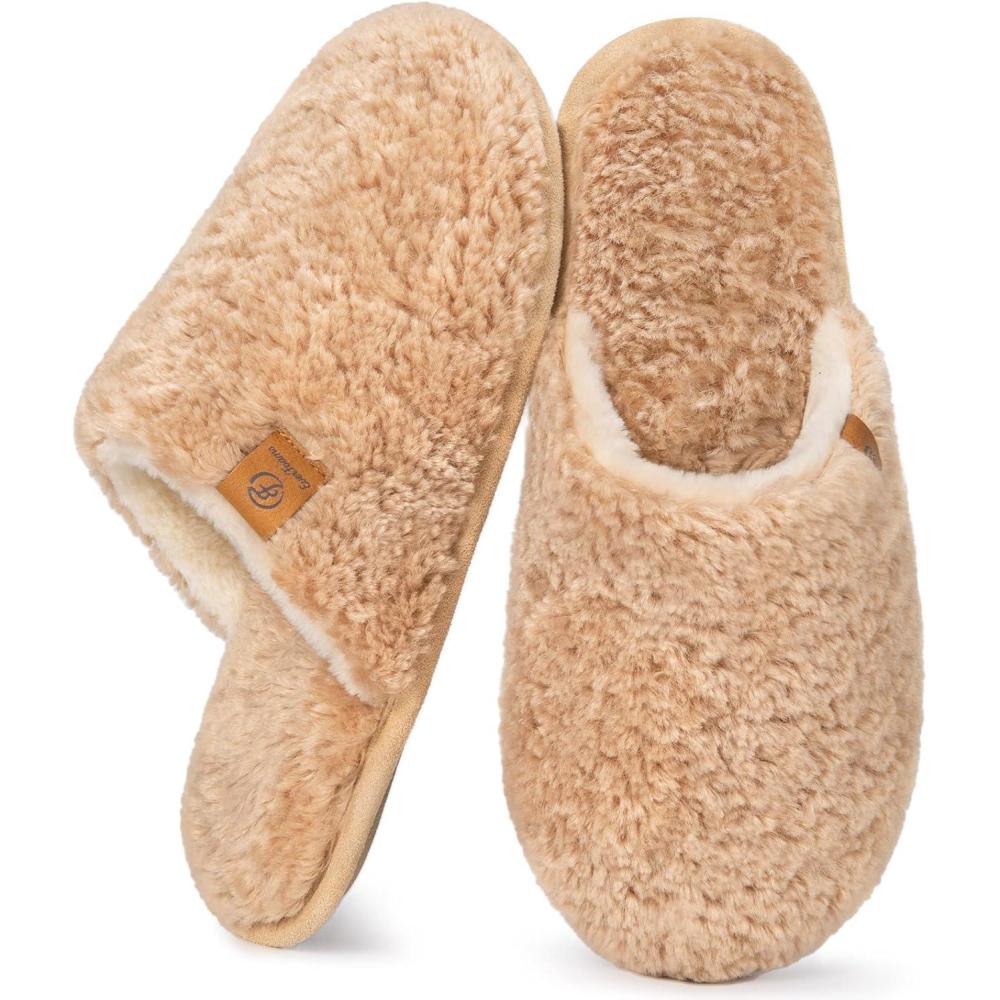 EverFoams Women’s Fuzzy Slip-on Slippers Warm Cozy Soft Lightweight Memory Foam Indoor House Shoes(Sand)