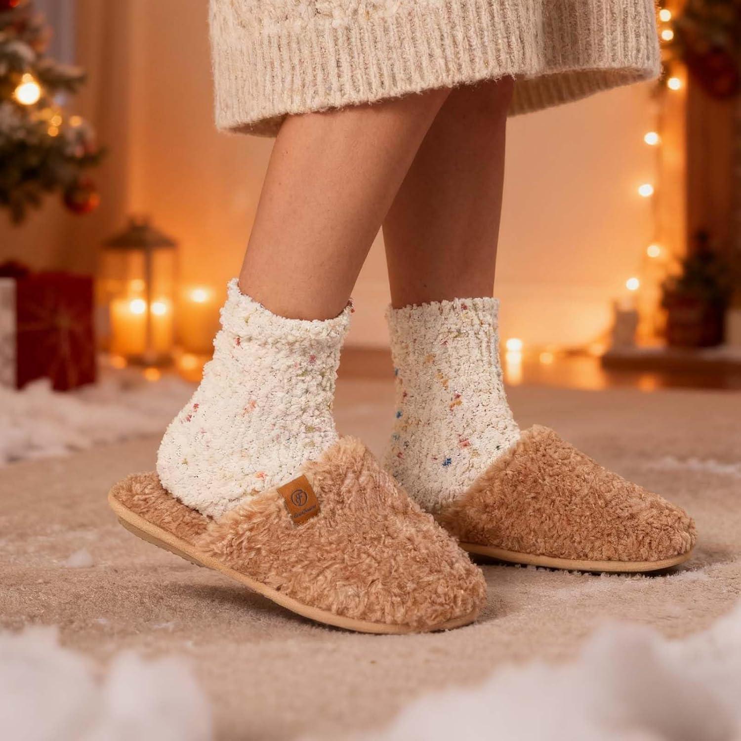 EverFoams Women’s Fuzzy Slip-on Slippers Warm Cozy Soft Lightweight Memory Foam Indoor House Shoes(Sand)