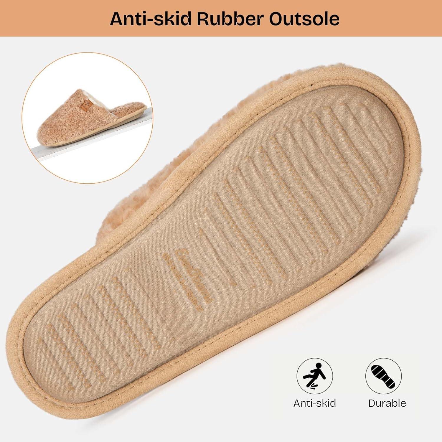 EverFoams Women’s Fuzzy Slip-on Slippers Warm Cozy Soft Lightweight Memory Foam Indoor House Shoes(Sand)