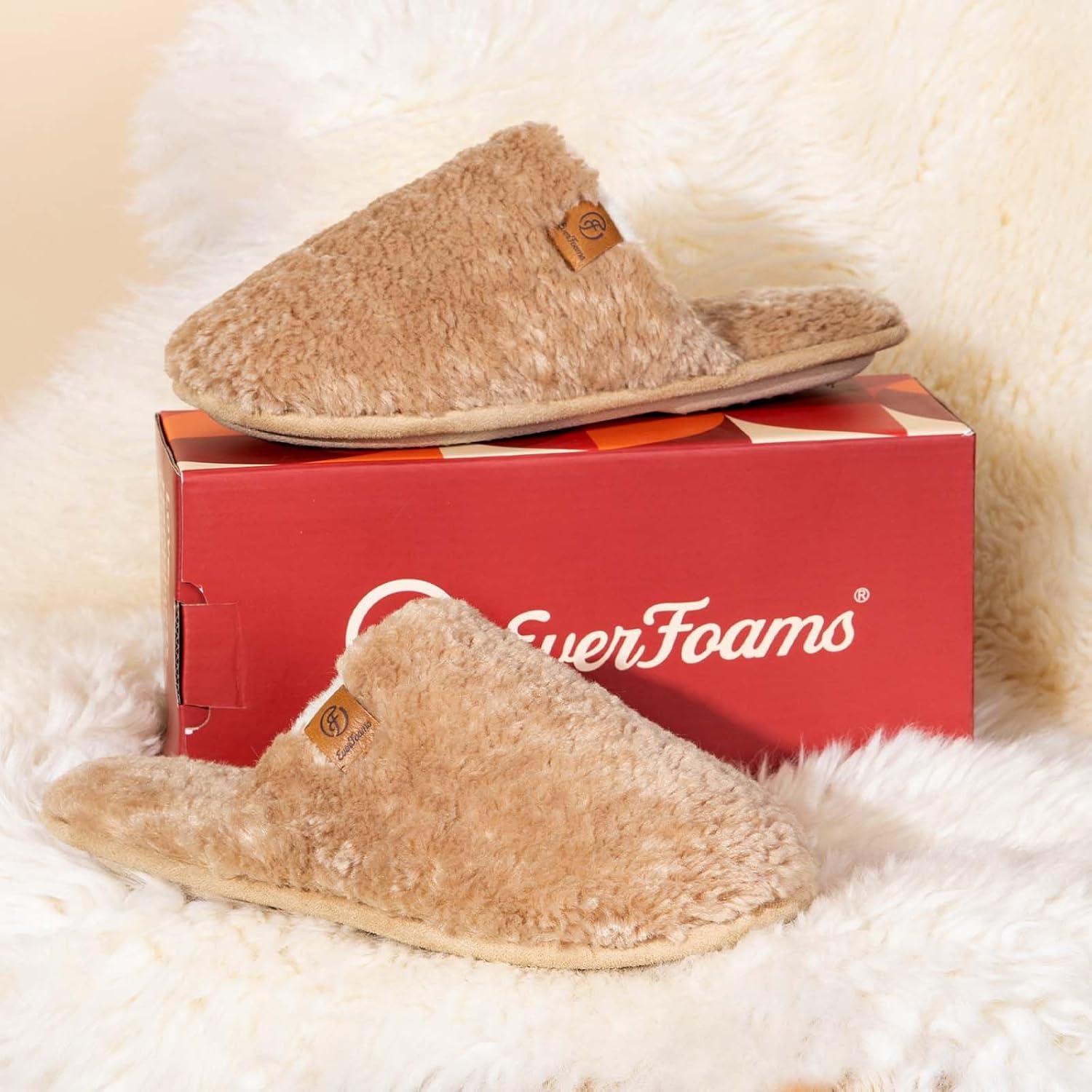 EverFoams Women’s Fuzzy Slip-on Slippers Warm Cozy Soft Lightweight Memory Foam Indoor House Shoes(Sand)
