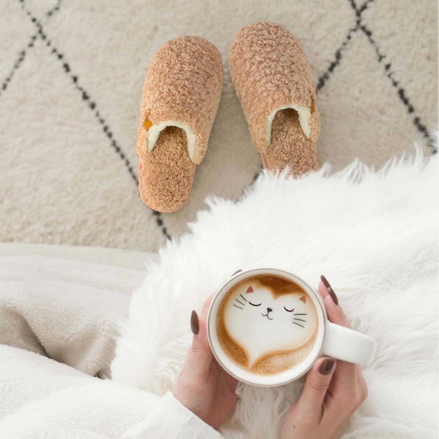 EverFoams Women’s Fuzzy Slip-on Slippers Warm Cozy Soft Lightweight Memory Foam Indoor House Shoes(Sand)